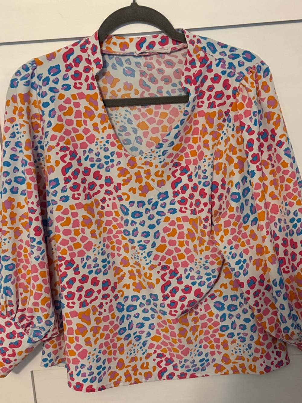 Colorful Leopard Print V-Neck Blouse - Pink, Blue & Orange
